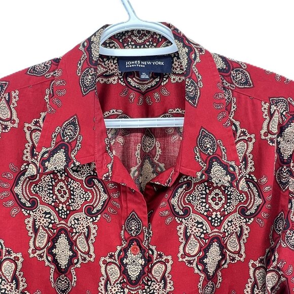 ❤️Jones New York Signature Women's 100% Cotton Shirt – Size XL Rich red  paisley - Picture 2 of 10